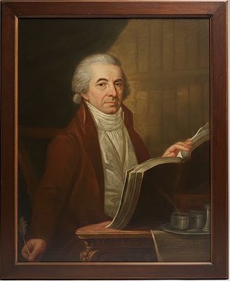 Dipinto olio su tela Ritratto di Gentiluomo nello Studio XIX sec con cornice XVIII. "Raffinato 