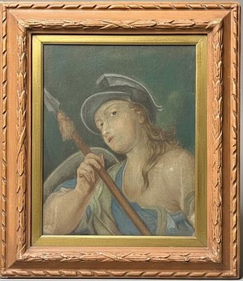 Dipinto olio su tela Figura Allegorica in Vesti Classiche, con cornice. L'opera presenta 