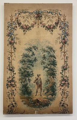 Dipinto su tela raffigurante veduta arcadica con viandante entro apparato decorativo a 