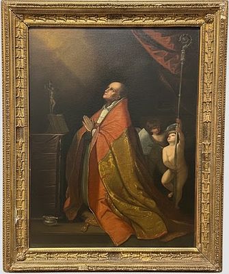 Dipinto a olio su tela rappresentante l’estasi di un Santo Vescovo in adorazione cm 95x64. L’oper 