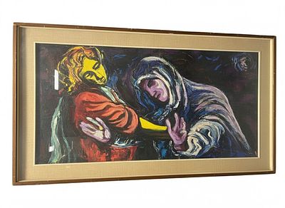 Dipinto a olio su tela raffigurante l'Annunciazione in chiave espressionista cm 55x45. cornice 70x60