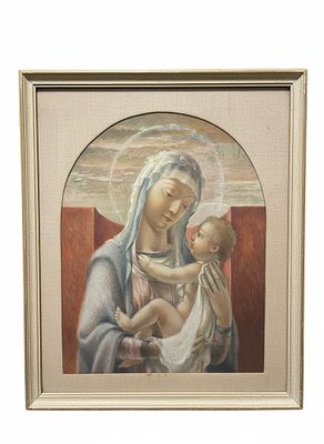 Dipinto a olio su tela raffigurante la Madonna con Bambino cm 60x50. L'opera reinterpreta con 
