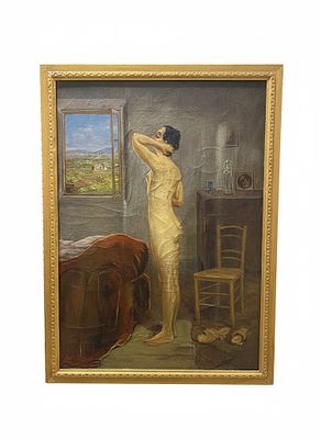 Dipinto a olio su tela rappresentante nudo femminile in interno con veduta su paesaggio collinare. 