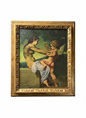 Dipinto a olio su tela raffigurante Venere e Cupido in un paesaggio 55x45. cornice 70x60. L’opera 