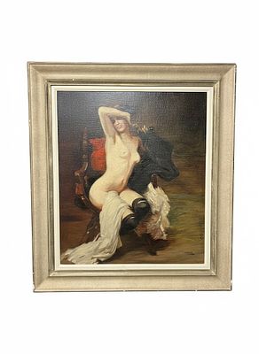 Dipinto a olio su tela raffigurante nudo femminile in interno, firmato cm 52x67. cornice 84x70. L 