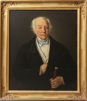 Dipinto a olio su tela raffigurante ritratto ritratto di dignitario con onorificenza e bastone 