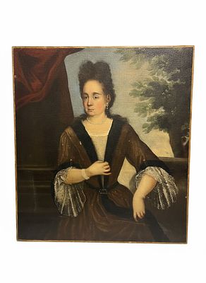 Dipinto Olio su tela raffigurante ritratto di nobildonna in esterno con drappo cm105x92. Dipinto 