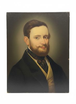 Dipinto a olio su tela di scuola europea del XIX secolo, raffigurante un ritratto maschile a 