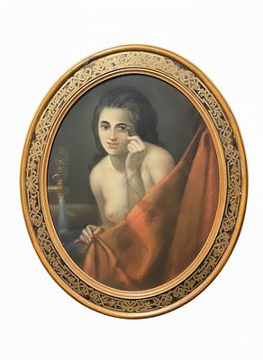 Dipinto olio su tela ovale raffigurante "La toeletta di Venere" con bella cornice coeva 60x75 