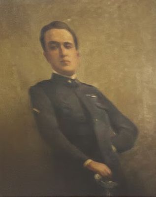 Dipinto a olio su tela raffigurante un giovane ufficiale in uniforme storica, ritratto a figura 