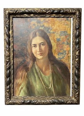 Dipinto Olio su tela raffigurante ritratto di giovane donna con collana di perle cm . il dipinto 