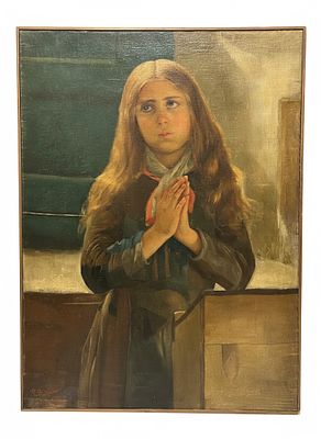 Dipinto Olio su tela raffigurante fanciulla in preghiera. il dipinto ritrae una giovane 