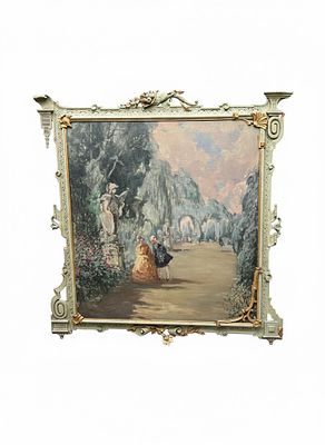 Dipinto Olio su tela raffigurante scena galante in un giardino monumentale. Esemplare di pittura 