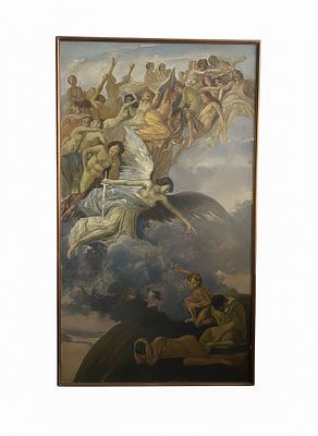Olio su tela rappresentante "Gli Angeli del Calvario"cm 153x84 cornice 156x87. Esemplare di 