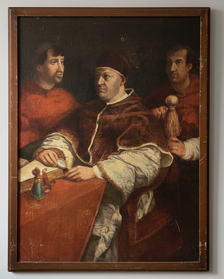Dipinto a olio su tela raffigurante "Il Ritratto di Papa Leone X con i cardinali Giulio de' 