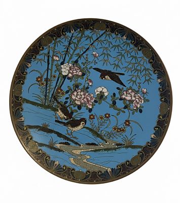 Piatto in Smalto Cloisonn&eacute; "Passeri tra i Bamboo" – Manifattura Giapponese cm 30. Raffinato 