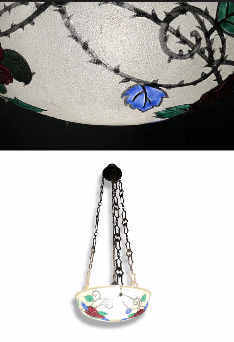 Lampadario a sospensione Liberty "Bowl" in vetro satinato e smalti policromi
. Elegante 