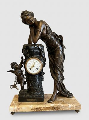 Orologio Monumentale "Le R&eacute;veil de l'Amour" – Bronzo e Marmo – Suoneria Ore e Mezze Ore – 