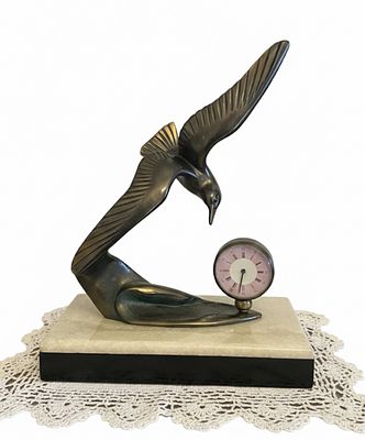 Orologio da Tavolo "Albatros" in Bronzo Art D&eacute;co – Base in Marmo e Onice cm 18. Raffinato 