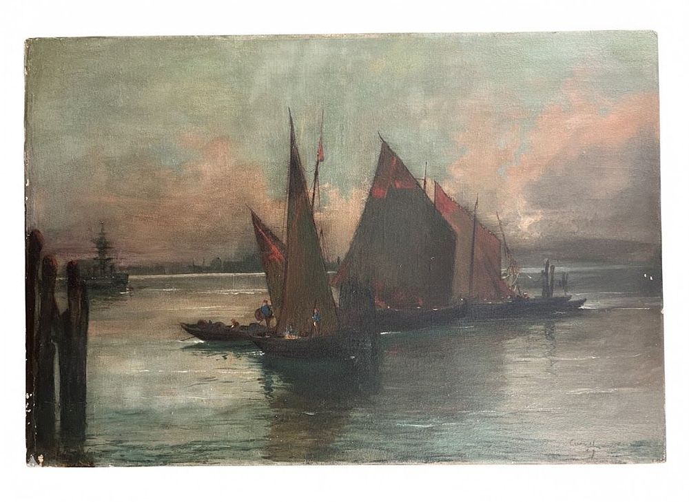 Cinelli - Paesaggio Marino con Velieri al Tramonto – Olio su Tela, Firmato e Datato (1947). Grande 