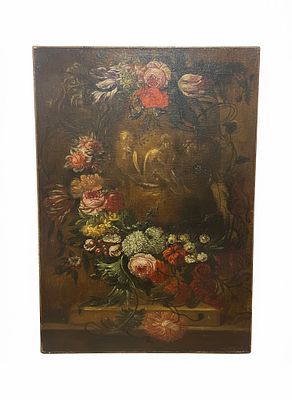 Natura Morta con Vaso Classico e Ghirlanda di Fiori – Anonimo del XVIII Secolo (cm 121x86). Prege 