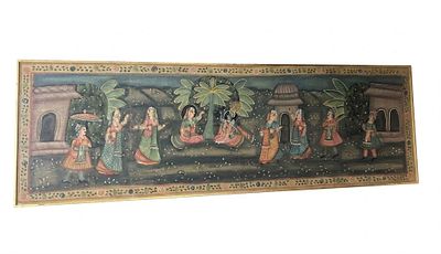 Grande Dipinto Narrativo su tessuto – Scena di Corte Indiana in Stile Mughal. Raffinato e ampio 