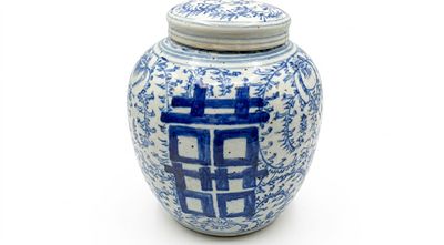 Vaso "Zenzero" con Coperchio in Porcellana Cinese – Decoro Blu e Bianco "Doppia Felicit&agrave;". Raffin 