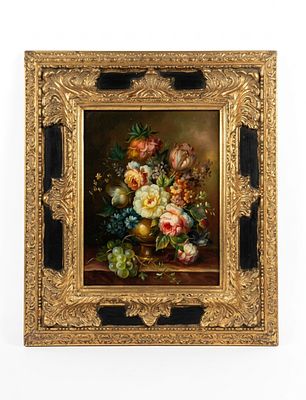 Natura morta con vaso di fiori e uva
Olio su tavoletta, entro cornice decorata e dorata. Natura 