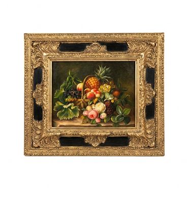 Natura morta con cesto di frutta esotica, uva e rose
Olio su tavoletta, entro importante cornice. 