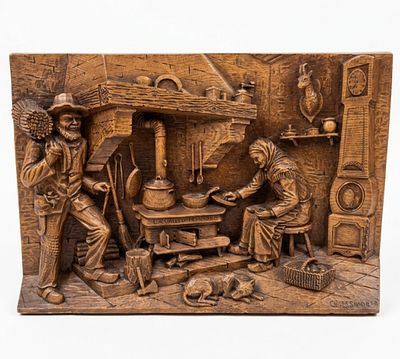 Scena di vita rurale in cucina
Pannello in legno intagliato ad altorilievo. Grande pannello 
