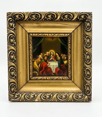 Dipinto sacro Ultima Cena olio su lastra 17x14,5 cm cornice dorata antica, cm 17x14,5 cornice 28x26