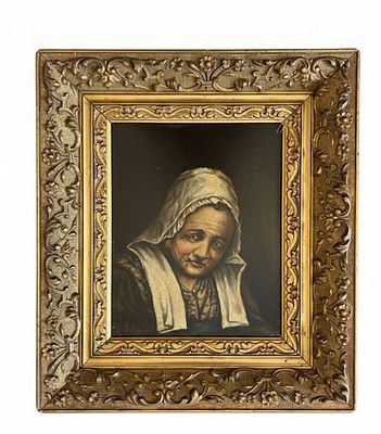 Antico dipinto raffigurante Ritratto di Anziana Popolana – Olio su Tavoletta – Scuola Europea 