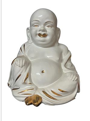 Buddha sorridente porcellana bianca e oro cm 27 manifattura italiana anni 70 cm 27. Scultura in 