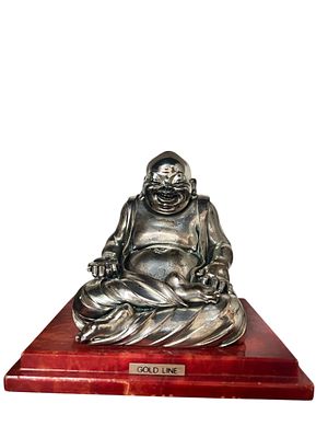 Buddha Hotei Giuseppe Granello per Cacciapuoti metallo argentato base color rosso cm 15