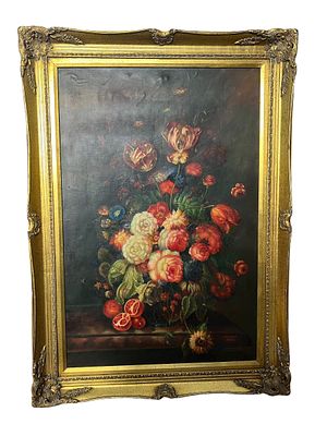 Dipinto olio su tela Natura morta con fiori e melograni inizio '900 firmato cm 110x80 con 