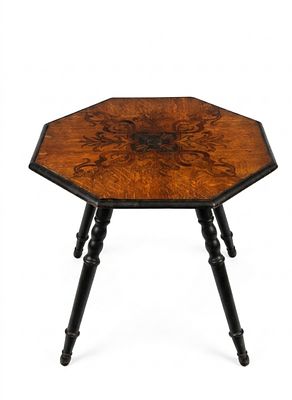 Tavolino ottagonale intarsiato legno ebanizzato piano intarsio centrale XIX secolo. Elegante 