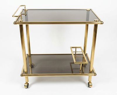 Carrello da bar italiano in metallo placcato ottone e vetro fume, circa 1980. Carrello da bar o 