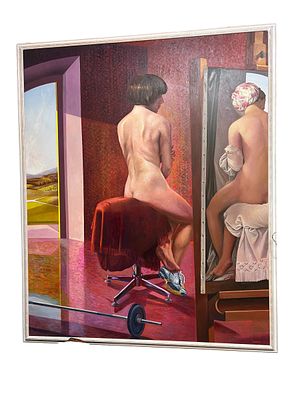 Walter Falconi (BENGASI, 1935) dipinto olio su tela XX secolo - Interno di studio con nudo allo 