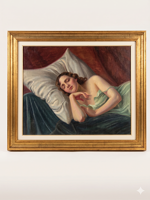Dipinto a olio su tela raffigurante una giovane donna dormiente, Pittore del XIX/XX. Dipinto a 