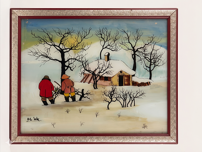 De Susy, 'Paesaggio invernale con figure' (Firmato) cm 40x30. Pittura su vetro in stile na&iuml;f 