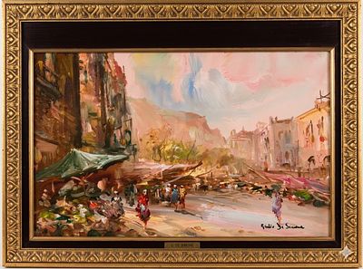 Giulio De Simone, Scena di mercato in una citt&agrave; italiana, olio su tavola, met&agrave; del XX secolo cm 