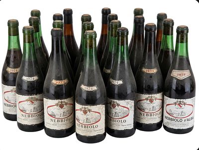 18 bottiglie di Nebbiolo e Nebbiolo d'Alba Poderi Aldo Conterno, annate varie 1971-1978. Questa 