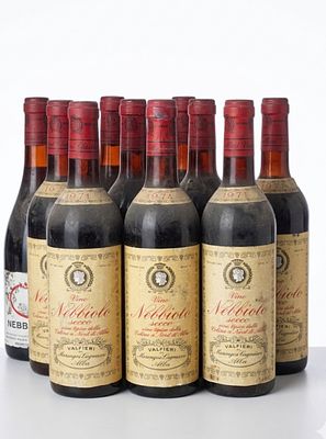 Lotto di 9 bottiglie di vino Nebbiolo Valfieri di Marengo-Lugniere, Alba, annate 1971 e 1974. Que 