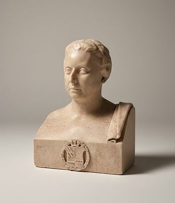 Busto di nobildonna in marmo bianco in stile Neoclassico con stemma araldico, XIX secolo CM 50. R 