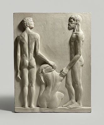 Rilievo in gesso nello stile di Arno Breker raffigurante tre figure maschili. Questo rilievo in 
