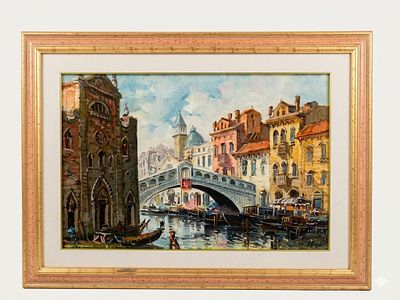 Veduta veneziana del Ponte di Rialto attribuita ad Antonio DeVity olio su tela 80X60. Dipinto a 