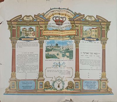 נזר גבאות מטעם ישיבת עץ חיים והתלמוד תורה שנות התר"ס.. 1900-1910 .ליטוגרפיה של מונזון [למרות 