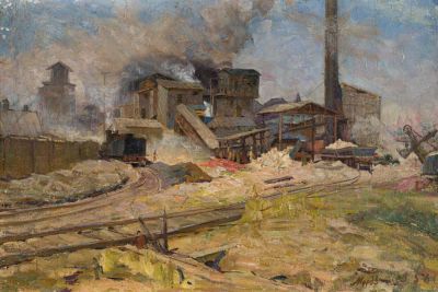 Мордвинцев Петр Иванович (1929-1998). Картина "Цементный завод". 1956 год. Холст, масло. 