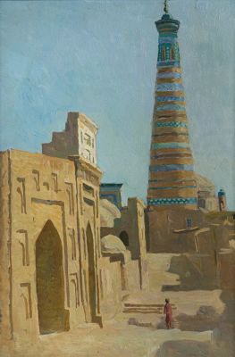 Кудрин Юрий Викторович (род. 1962). Картина &laquo;Минарет в Хиве&raquo;. 1984 год. Картон, масло. Размеры: 