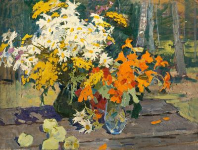 Клементьева Светлана Арсеньевна (1929—1972). Картина &laquo;Ромашки и настурции&raquo;. 1970 год . Холст 